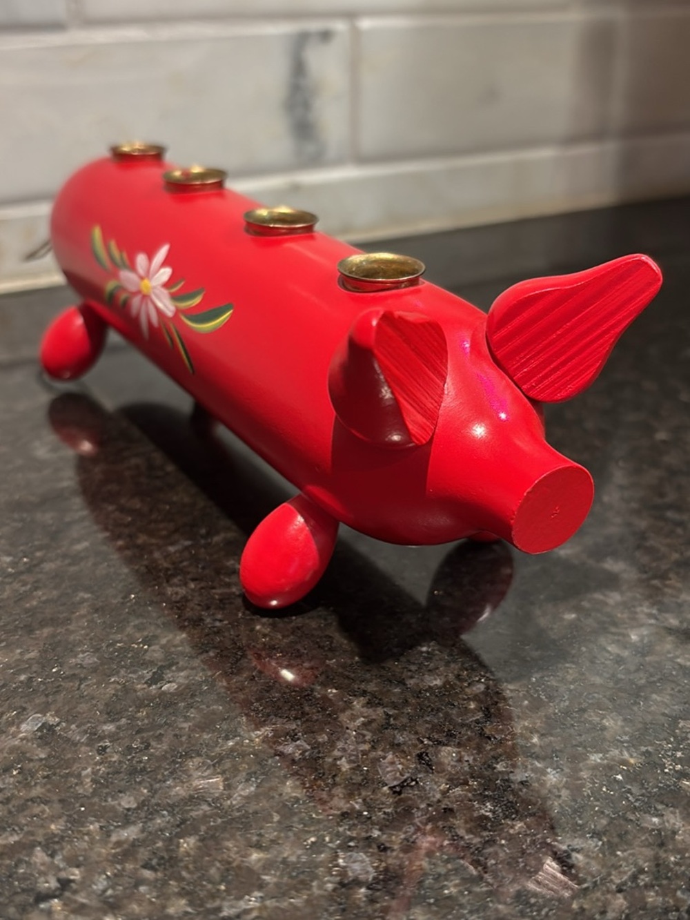 Red Hand-Painted Swedish Wooden Pig Candle Holder 8”